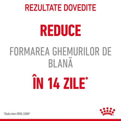 Rezultate dovedite: reduce formarea ghemurilor de blană în 14 zile. *Studiu intern ROYAL CANIN.