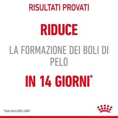 Risultati provati: riduce la formazione dei boli di pelo in 14 giorni. Studio interno Royal Canin.