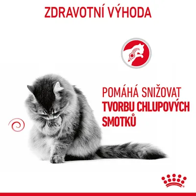 ZDRAVOTNÍ VÝHODA. Pomáhá snižovat tvorbu chlupových smotků. Obrázek kočky a červený symbol kočky s chlupy.