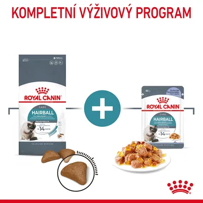 Royal Canin Hairball Care suché a mokré krmivo pro kočky, balení granulí a kapsička, ukázka tvaru granulí a porce masových kousků v želé. Text: Kompletní výživový program.