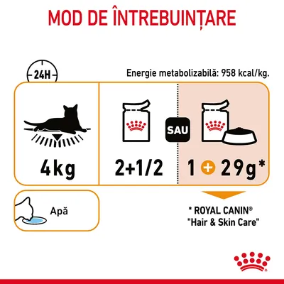 Instrucțiuni de hrănire pentru pisică de 4 kg: 2 și jumătate conserve sau 1 conservă plus 29 g hrană uscată Royal Canin Hair & Skin Care. Energie: 958 kcal/kg. Apă proaspătă.