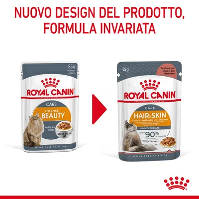 Nuovo design del prodotto Royal Canin Care: da Intense Beauty a Hair & Skin, formula invariata. Due confezioni da 85 g per gatti mostrate con testo esplicativo in alto.