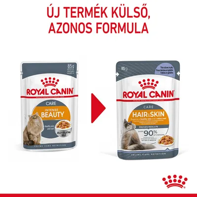 Royal Canin macskaeledel csomagolásváltás: Intense Beauty 85 g balra, Hair & Skin 85 g jobbra. Felirat: Új termék külső, azonos formula.