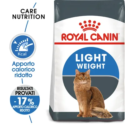 Royal Canin Light Weight per gatti, apporto calorico ridotto, risultati provati: -17% apporto calorico ridotto, immagine di un gatto sul fronte della confezione.