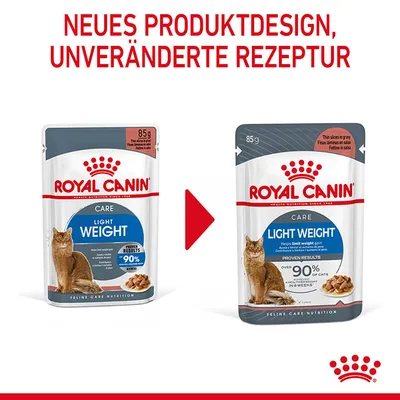 Royal Canin Light Weight Care Nassfutter für Katzen. Neues Produktdesign, unveränderte Rezeptur. Verpackung mit 85g Inhalt und 90% nachgewiesene Ergebnisse.