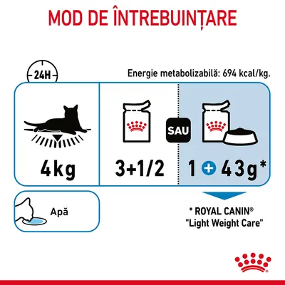 Mod de întrebuințare: pentru o pisică de 4 kg, 3+1/2 conserve sau 1 conservă plus 43 g hrană uscată Royal Canin Light Weight Care. Energie metabolizabilă: 694 kcal/kg. Apă.
