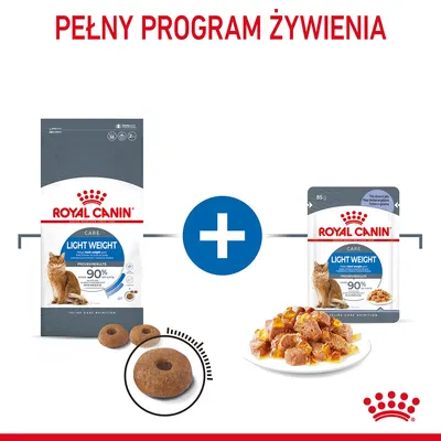 Royal Canin Light Weight Care dla kotów: opakowanie suchej karmy, saszetka mokrej karmy 85 g, widoczne granulki i kawałki karmy na talerzu. Napis: Pełny program żywienia.