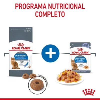 Royal Canin Light Weight Care para gatos: embalagem de ração seca, embalagem de comida húmida 85 g, croquetes e prato com pedaços em molho. Texto: PROGRAMA NUTRICIONAL COMPLETO.