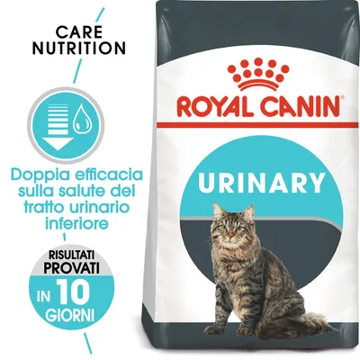 Royal Canin URINARY, doppia efficacia sulla salute del tratto urinario inferiore, risultati provati in 10 giorni. Immagine di un gatto su confezione di crocchette.