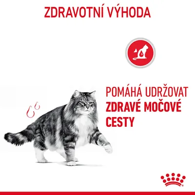 ZDRAVOTNÍ VÝHODA. Pomáhá udržovat zdravé močové cesty. Obrázek kočky a červený symbol s kočkou.