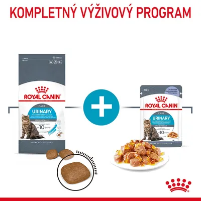 Royal Canin Urinary Care suché a mokré krmivo pre mačky, balenie granúl a kapsička s kúskami v omáčke, nápis Kompletný výživový program.
