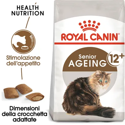 Royal Canin Senior Ageing 12+ per gatti, stimolazione dell'appetito, dimensioni della crocchetta adattate, confezione con immagine di gatto e crocchette visibili.