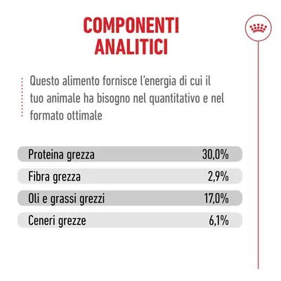 Analisi: proteina grezza 30,0%, fibra grezza 2,9%, oli e grassi grezzi 17,0%, ceneri grezze 6,1%. Energia nel formato ottimale per il tuo animale. Analisi: proteina grezza 30,0%, fibra grezza 2,9%, oli e grassi grezzi 17,0%, ceneri grezze 6,1%. Energia nel formato ottimale per il tuo animale.