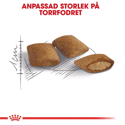 Tre bitar torrfoder, en uppskuren för att visa innehåll. Text: Anpassad storlek på torrfodret. Skiss visar mått cirka 1 cm.