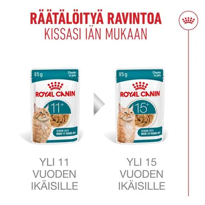 Royal Canin Senior Cats -palat hyytelössä, 85 g. Vasemmalla: alkaen 11 vuotta, oikealla: alkaen 15 vuotta. Sopii vanhemmille kissoille. Royal Canin Senior Cats -palat hyytelössä, 85 g. Vasemmalla: alkaen 11 vuotta, oikealla: alkaen 15 vuotta. Sopii vanhemmille kissoille.