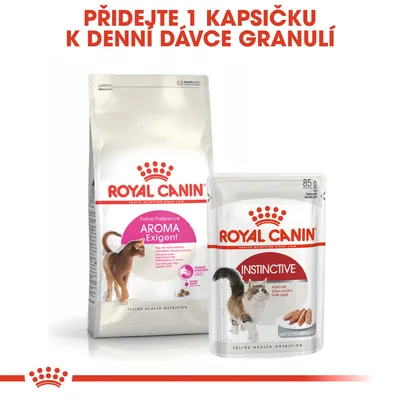 ROYAL CANIN Feline Preference AROMA Exigent granule a ROYAL CANIN INSTINCTIVE kapsička 85 g. Text: Přidejte 1 kapsičku k denní dávce granulí.