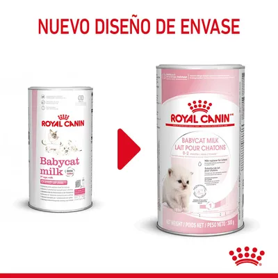 Comparación de envases antiguos y nuevos de Royal Canin Babycat Milk. Texto: 'Nuevo diseño de envase'. Ambos muestran latas con imágenes de gatitos y el nombre del producto.