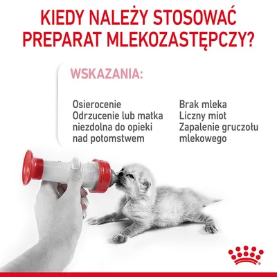 Kiedy należy stosować preparat mlekozastępczy? Wskazania: osierocenie, odrzucenie lub matka niezdolna do opieki, brak mleka, liczny miot, zapalenie gruczołu mlekowego.