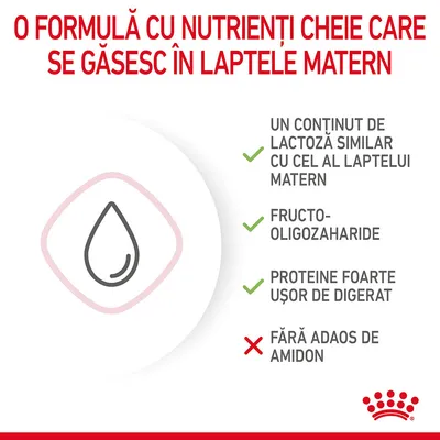 O formulă cu nutrienți cheie ca în laptele matern: conținut de lactoză similar, fructo-oligozaharide, proteine ușor de digerat, fără adaos de amidon.