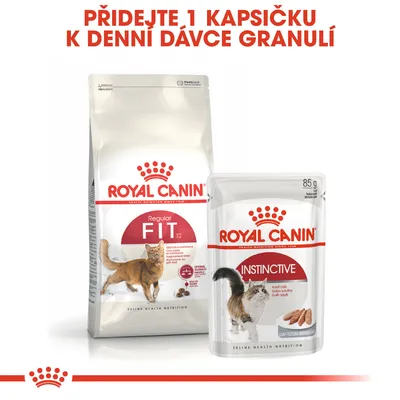 ROYAL CANIN Regular Fit 32 granule a ROYAL CANIN Instinctive kapsička 85 g. Text: Přidejte 1 kapsičku k denní dávce granulí.