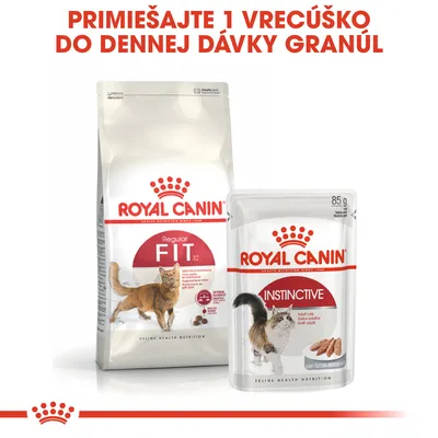 ROYAL CANIN Regular Fit 32 granule a ROYAL CANIN Instinctive kapsička pre mačky, text: Primiešajte 1 vrecúško do dennej dávky granúl