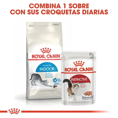 Royal Canin Home Life Indoor 27 pienso para gatos y Royal Canin Instinctive sobre de comida húmeda 85 g. Texto: Combina 1 sobre con sus croquetas diarias.