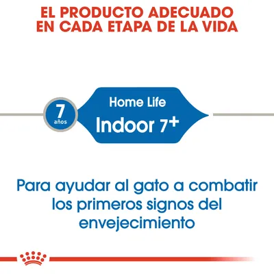 El producto adecuado en cada etapa de la vida. Home Life Indoor 7+. Para ayudar al gato a combatir los primeros signos del envejecimiento. 7 años.