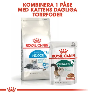 Royal Canin Home Life Indoor 7+ torrfoder och Royal Canin Instinctive 7+ våtfoder för katter över 7 år. Text: Kombinera 1 påse med kattens dagliga torrfoder.