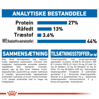 Analytiske bestanddele: protein 27 %, råfedt 13 %, træstof 3,6 %, NFE 44 %. Sammensætning og tilsætningsstoffer pr. kg er listet med detaljeret tekst om ingredienser og næringsstoffer.