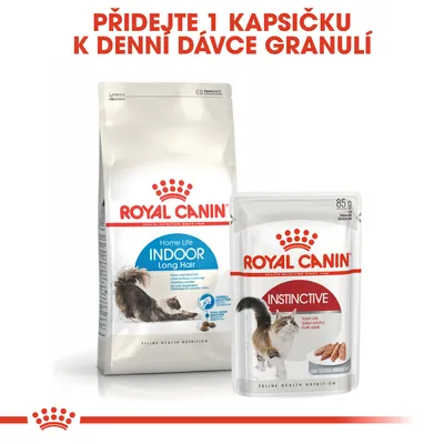 ROYAL CANIN Home Life Indoor Long Hair granule a ROYAL CANIN Instinctive kapsička, text: Přidejte 1 kapsičku k denní dávce granulí