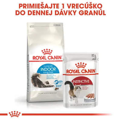 Royal Canin Home Life Indoor Long Hair granuly a Royal Canin Instinctive kapsička pre mačky. Text: Primiešajte 1 vrecúško do dennej dávky granúl.