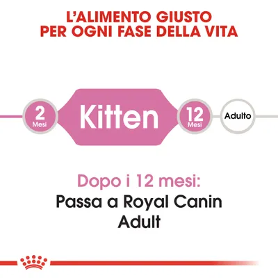 L’alimento giusto per ogni fase della vita: da 2 a 12 mesi Kitten, dopo i 12 mesi passa a Royal Canin Adult. Testo visibile in italiano.
