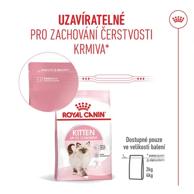 Royal Canin Kitten do 12 měsíců, znovu uzavíratelný obal s easyopen a zip systémem a freshpackem. K dispozici ve velikostech 2, kg a 4, kg.