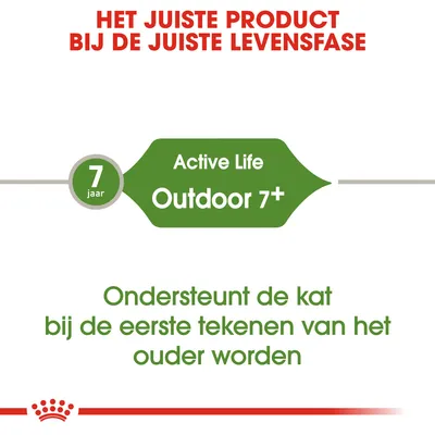 Het juiste product bij de juiste levensfase. Active Life Outdoor 7+, 7 jaar. Ondersteunt de kat bij de eerste tekenen van het ouder worden.