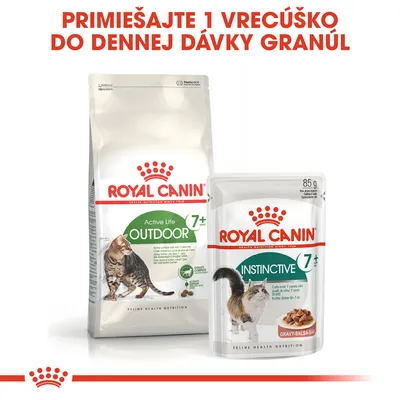 Royal Canin Active Life Outdoor 7+ granuly a Instinctive 7+ kapsička pre mačky. Text: Primiešajte 1 vrecúško do dennej dávky granúl.