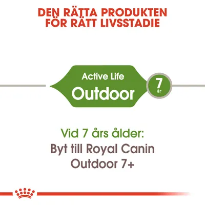 Den rätta produkten för rätt livsstadie. Active Life Outdoor 7 år. Vid 7 års ålder: Byt till Royal Canin Outdoor 7+.