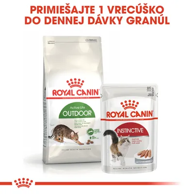 ROYAL CANIN Active Life Outdoor granuly a ROYAL CANIN Instinctive kapsička pre mačky. Text: Primiešajte 1 vrecúško do dennej dávky granúl.