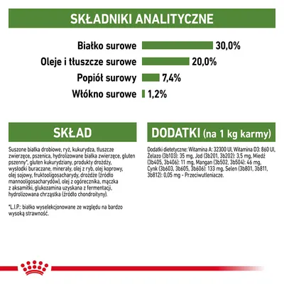 Składniki analityczne: białko surowe 30 %, oleje i tłuszcze surowe 20 %, popiół surowy 7,4 %, włókno surowe 1,2 %. Skład i dodatki na 1 kg karmy podane szczegółowo.