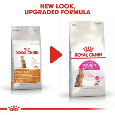 Royal Canin Exigent cat food packaging change: old pack on left, new pack on right with 'PROTEIN Exigent' and pink label. Text above: NEW LOOK, UPGRADED FORMULA.