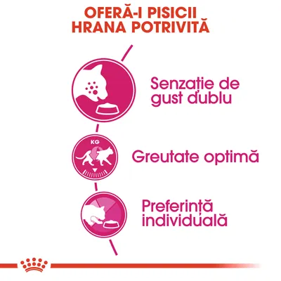 OFERĂ-I PISICII HRANA POTRIVITĂ. Senzatie de gust dublu. Greutate optimă. Preferință individuală.