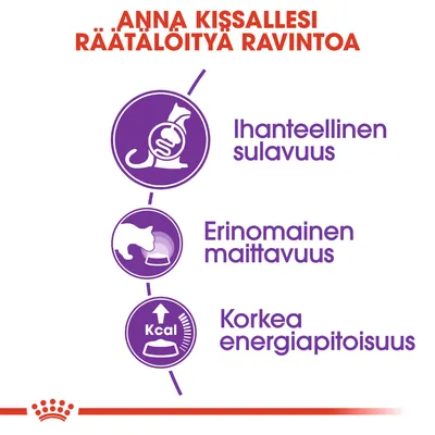 Anna kissallesi räätälöityä ravintoa: Ihanteellinen sulavuus, erinomainen maittavuus, korkea energiapitoisuus. Kuvat kissasta ja ruokakupista, teksti suomeksi.