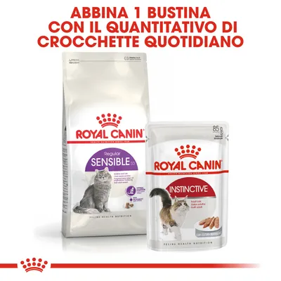 Royal Canin Sensible 33 crocchette per gatti e Royal Canin Instinctive bustina 85 g. Testo: Abbina 1 bustina con il quantitativo di crocchette quotidiano.