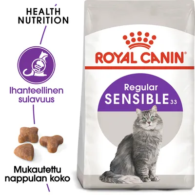 Royal Canin Regular Sensible 33 kissanruoka, pakkauksessa harmaa kissa. Tekstit: Health Nutrition, Ihanteellinen sulavuus, Mukautettu nappulan koko.