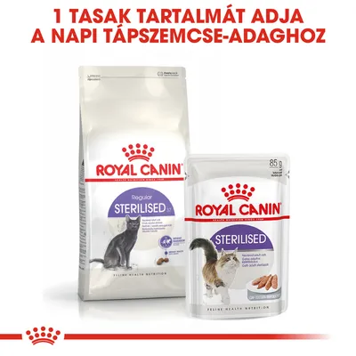 ROYAL CANIN STERILISED macskaeledel száraz és nedves változatban, 1 tasak tartalmát adja a napi tápszemcse-adaghoz. Csomagoláson macskák képe látható.