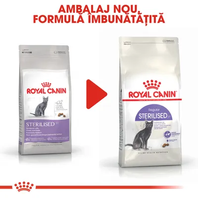 Royal Canin STERILISED 37 pentru pisici, imagine cu vechiul și noul ambalaj. Text vizibil: „AMBALAJ NOU, FORMULA IMBUNĂTĂȚITĂ”.