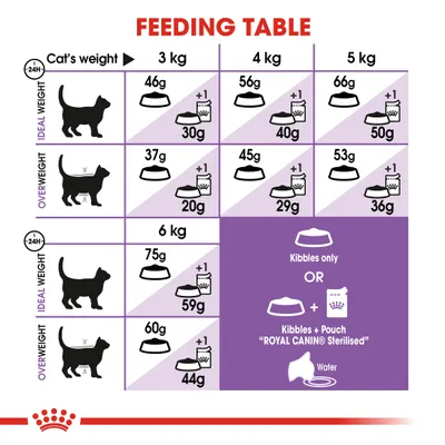 Feeding table showing daily kibble and pouch amounts for cats of 3, 4, 5, and 6 kg at ideal or overweight. Includes options for kibbles only or kibbles plus Royal Canin Sterilised pouch.