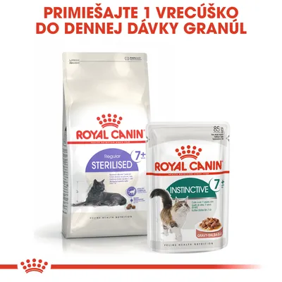 Royal Canin Regular Sterilised 7+ granuly a Royal Canin Instinctive 7+ kapsička pre mačky. Text: Primiešajte 1 vrecúško do dennej dávky granúl.