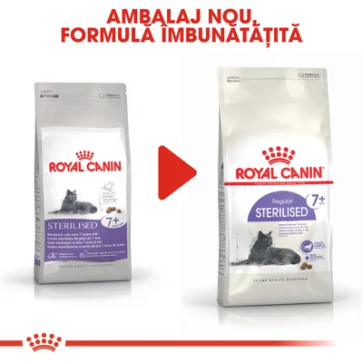 Royal Canin Sterilised 7+ pentru pisici sterilizate peste 7 ani, ambalaj vechi și nou. Text sus: Ambalaj nou, formulă îmbunătățită.