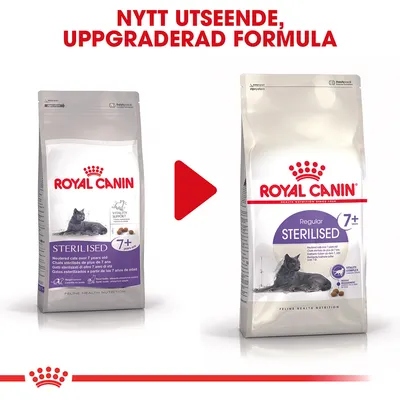 Royal Canin Sterilised 7+ kattmat, bild på gammal och ny förpackning med text: Nytt utseende, uppgraderad formula. Synlig kattbild och produktinformation på båda påsarna.