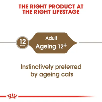 THE RIGHT PRODUCT AT THE RIGHT LIFESTAGE. 12 Years Adult Ageing 12+. Instinctively preferred by ageing cats. Az összes szöveg angol nyelvű.